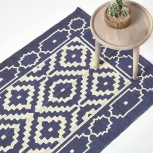 HOMESCAPES Halmstad Blue and White Scandi Style 100% Cotton Printed Rug, 120 x 170cm - Blue