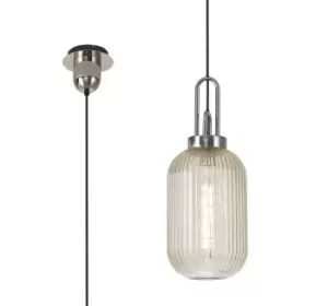 1 Light Pendant E27 With 20cm Tubular Ribbed Glass, Champagne Polished Nickel, Matt Black