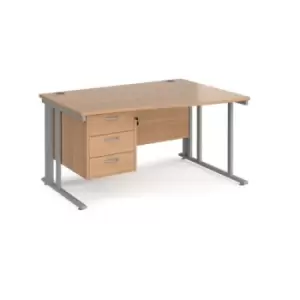 Office Desk Right Hand Wave Desk 1400mm With Pedestal Beech Top With Silver Frame Maestro 25 MCM14WRP3SB