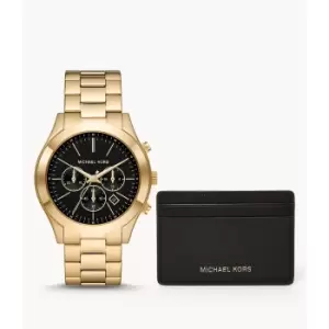 Michael Kors Mens Slim Runway Chronograph Gold-Tone Stainless Steel Watch And Slim Card Case Set - Gold