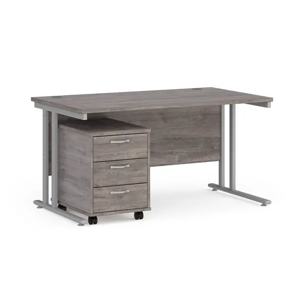 Maestro 25 Straight Desk Silver Frame Grey Oak Table Top and 3 Drawer Pedestal - 1400mm