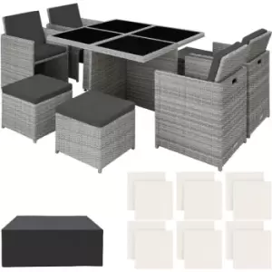 Rattan garden furniture set Manhattan with protective cover - garden tables and chairs, garden furniture set, outdoor table and chairs - light grey