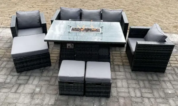 Fimous 5 Seater Outdoor Dark Grey Rattan Lounge Complete Sofa Set with Gas Fire Pit, 2 Stools and Big Footstool