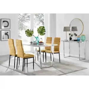 Furniture Box Kylo White Marble Effect Dining Table and 4 Mustard Velvet Milan Black Leg Chairs