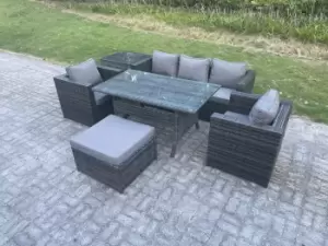 Fimous 5 Seater Outdoor Dark Grey Wicker Rattan Lounge Complete Sofa Set with Rectangular Dining Table, Side Table, and Big Footstool