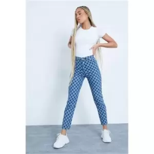 I Saw It First Mid Wash Motorcross Checkerboard Jeans - Blue