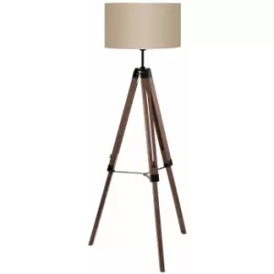 Loops - Tripod Floor Lamp Light Wood Leg & Taupe Fabric Shade 1 x 60W E27 Bulb