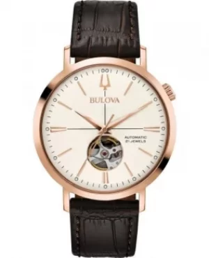 Bulova Classic Silver Diamond Brown Leather Strap Mens Watch 97A136 97A136