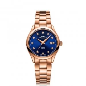 Rotary Oxford Quartz Rose Gold PVD Stainless Steel Blue Dial Ladies Watch LB05096/05/D