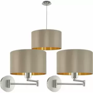 Ceiling Pendant & 2x Matching Wall Lights Taupe & Gold Fabric Feature Shade