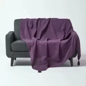 Cotton Rajput Ribbed Purple Throw, 225 x 255cm - Purple - Homescapes