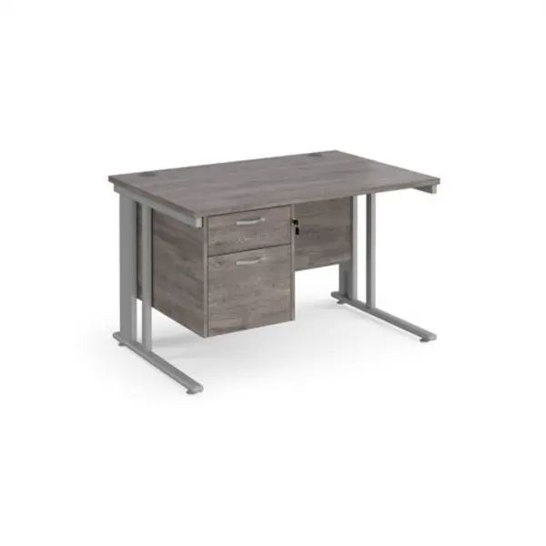 Maestro 25 straight desk 1200mm x 800mm with 2 drawer pedestal - silver cable managed leg frame, grey oak top