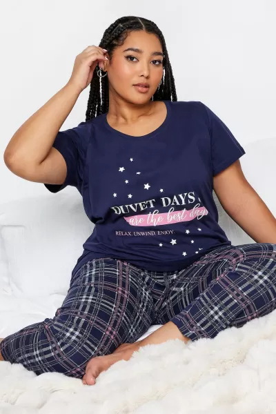 Yours Slogan Printed Pyjama Set Mid Navy