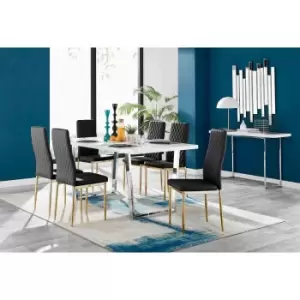 Furniture Box Kylo White High Gloss Dining Table and 6 Black Milan Gold Leg Chairs