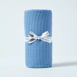 Organic Cotton Waffle Baby Blanket Blue, 90 x 112cm - Blue - Homescapes