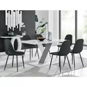 Monza 6 White/Grey Dining Table & 6 Black Corona Faux Leather Dining Chairs with Black Legs Diamond Stitch - Black