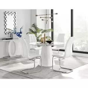 Furniturebox Palma White Marble Effect 120cm Round Minimalist Dining Table & 4 White Murano Silver Leg Faux Leather Chairs