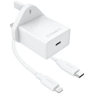 Cygnett CY3102POPLU PowerPlus 18W PD Charger + Lightning to USB-C cable - UK Plug White