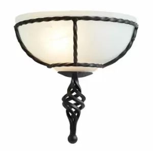 Loops - Wall Light Twisted Wrought Iron Opaque Glass Shade Black LED E27 60W