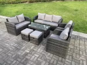 Fimous 7 Seater Outdoor Dark Grey PE Rattan Lounge Complete Sofa Set with Reclining Chair and 2 Big Footstools