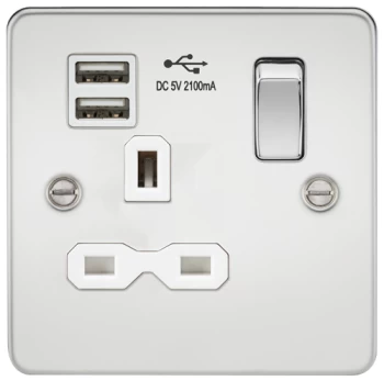 KnightsBridge Flat plate 13A 1G switched socket with dual USB charger (2.1A) - polished chrome with white insert