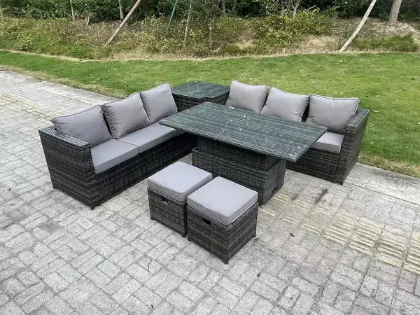 Fimous 6 Seater Outdoor Dark Grey Wicker Rattan Lounge Complete Sofa Set with Rising Table and 2 Stools