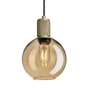 Industville Knurled Tinted Glass Globe Pendant Light in Amber with Brass Holder / Small