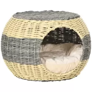 PawHut Wicker Cat House, Rattan Raised Cat Bed, Cosy Kitten Cave with Soft Washable Cushion, Φ40 x 30cm