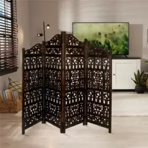 4 Panel Heavy Duty Carved Indian Screen Wooden Gamla Design Screen Room Divider 183x50cm per panel, wide open 202cm [Dark Brown] - Dark Brown