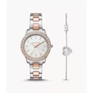 Michael Kors Womens Liliane Three-Hand Two-Tone Stainless Steel Watch And Bracelet Set - Rose Gold / Silver