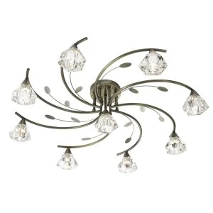 9 Light Semi Flush Multi Arm Ceiling Light Antique Brass and Glass, G9