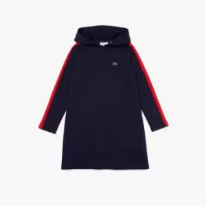 Lacoste Girls Contrast Band Hooded Dress Size 8 yrs Navy Blue / Red