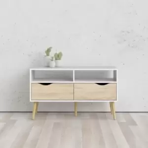 Oslo 2 Drawer Retro-Modern tv Cabinet - Matt White/ Light Oak - White