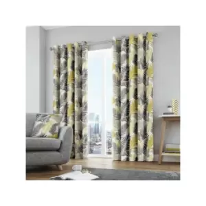 Fusion Tropical Leaf 100% Cotton Eyelet Lined Curtains, Ochre, 66 x 72 Inch