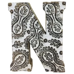 Letter N Hand Carved Wooden White Flower