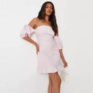 Missguided Bardot Puff Sleeve Ruffle Hem Mini Dress - Pink