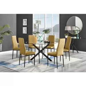 Furniturebox UK - Furniturebox Novara Black Leg 120cm Round Glass Dining Table & 6 Mustard Milan Velvet Dining Chairs With Black Legs Diamond Stitch