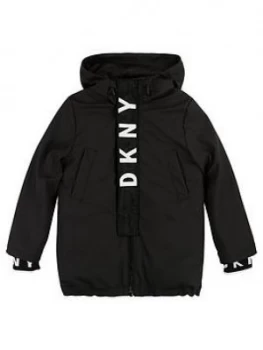 DKNY Boys Hooded Logo Parka - Black, Size Age: 12 Years