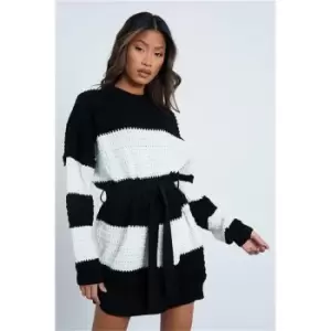 I Saw It First Black & White Chunky Waffle Knit Belted Jumper Dress - Black