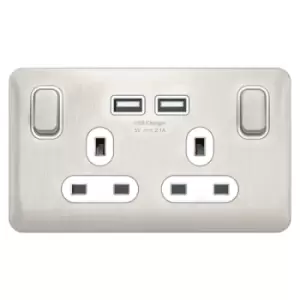 Schneider Electric Lisse Screwless Deco - Switched Double Power Socket, Single Pole with USB Charging Ports, 13A, GGBL30202USBAWSSS, Stainless Steel w