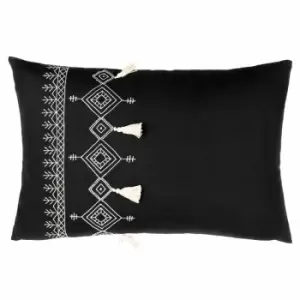 Furn - Pritta Embroidered Diamond 100% Cotton Tasselled Cushion Cover, Black, 40 x 60 Cm