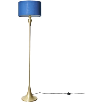 Matt Gold Spindle Floor Lamp Light with Fabric Lampshade - Navy Blue