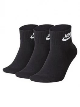 Nike Everyday Ankle Socks (3 Pack) - Black, Size 2-5=S, Women