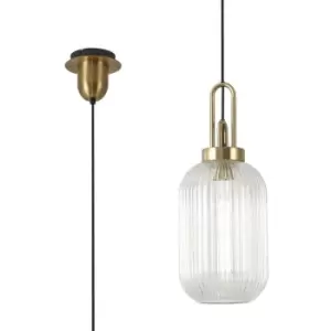 Luminosa 1 Light Pendant E27 With 20cm Tubular Ribbed Glass, Clear Brass Gold, Matt Black