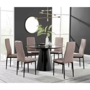 Furniture Box Palma Black Semi Gloss Round Dining Table and 6 Cappuccino Milan Black Leg Chairs