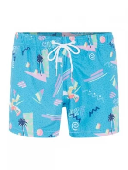 Mens Boardies Yoko Honda Surf Print Shortie Length Swim Short Blue