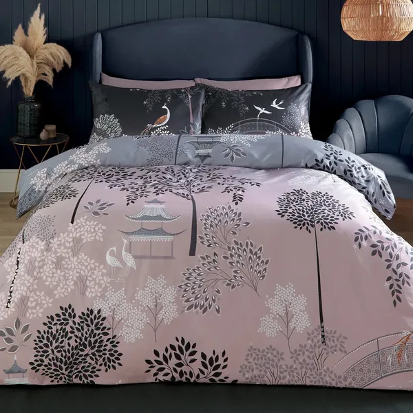 Sara Miller Pagoda Garden Duvet Set, Super King, Blush & Grey