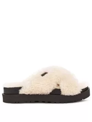 UGG Ugg Fuzz Sugar Sustainable Cross Slide Slipper, Natural/Black, Size 8, Women