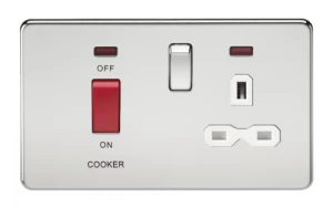 KnightsBridge 45A 2G DP 230V Screwless Polished Chrome Switch With Neon and Socket - White Insert