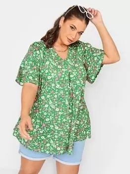 Yours Angel Sleeve Front Pleat Ditsy Print Swing Top - Green, Size 34-36, Women